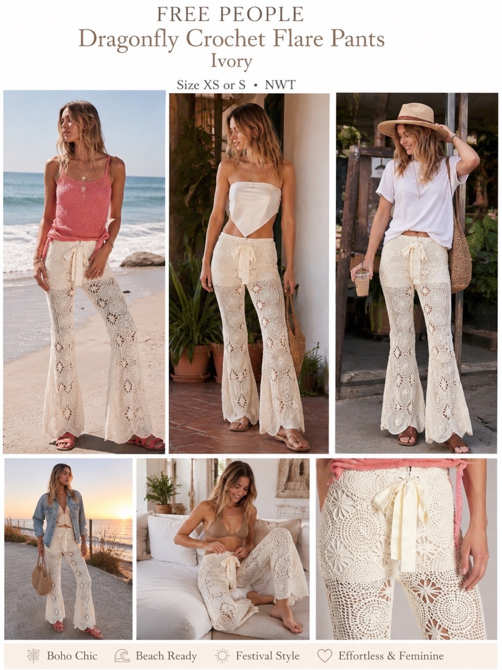 Free People NWT Ivory Crochet Lace-Up Bell Bottom Pants XS Boho Festival